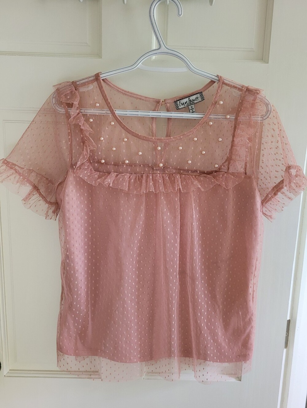 'CRAVEFAME' Dusty Rose Sheer Dotted Ruffle Top With Pearl Embellishment